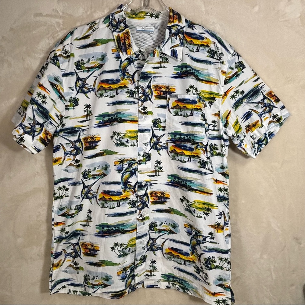 Men’s COLUMBIA PFG Hawaiian Tropical Print Vacation 100% Cotton Shirt Size M